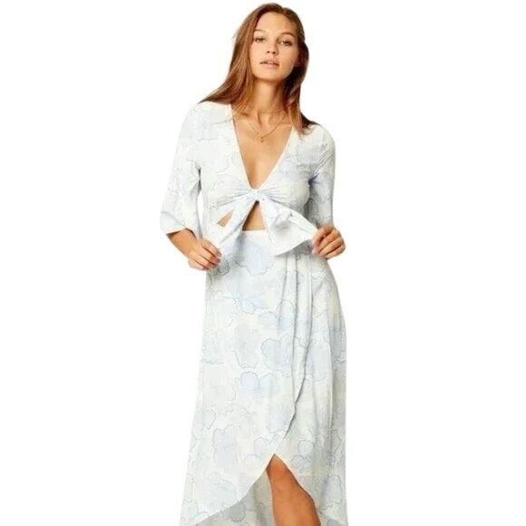 NWT L*Space Floral Faux Wrap Midi Dress Blue White Rayon Size M (038) - Picture 1 of 16